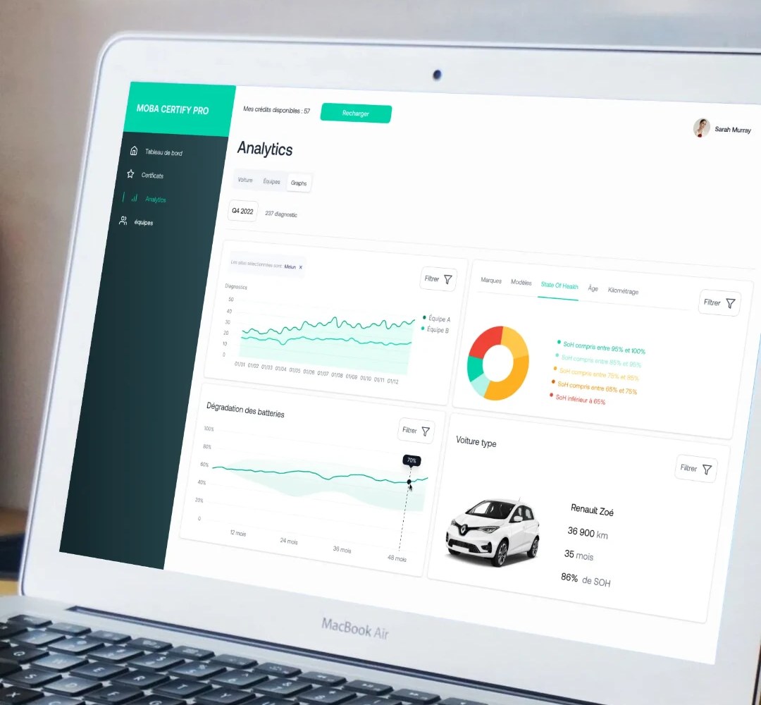 Painel MOBA Certify Pro com analytics de saúde de baterias em um MacBook