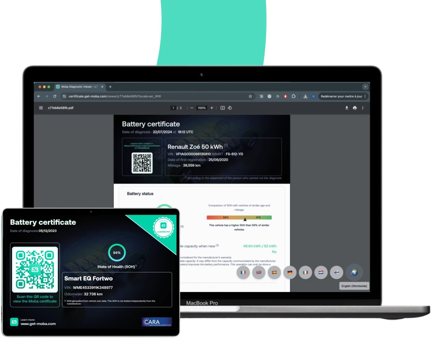 Certificado de bateria MOBA exibido em notebook e tablet