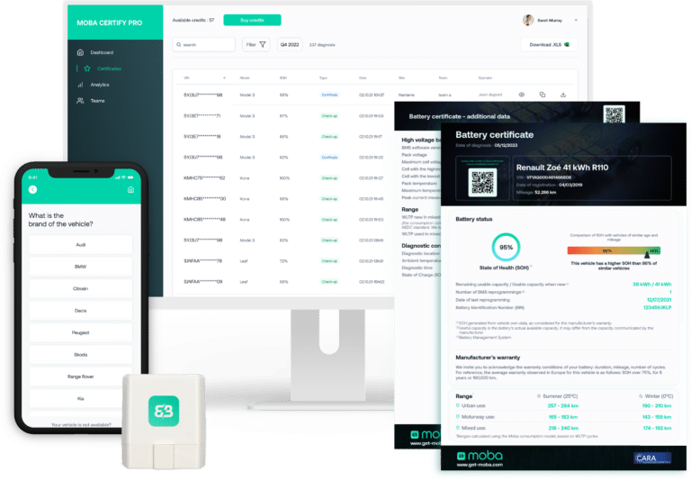 Equipamento MOBA conectado ao veículo com tablet exibindo diagnóstico